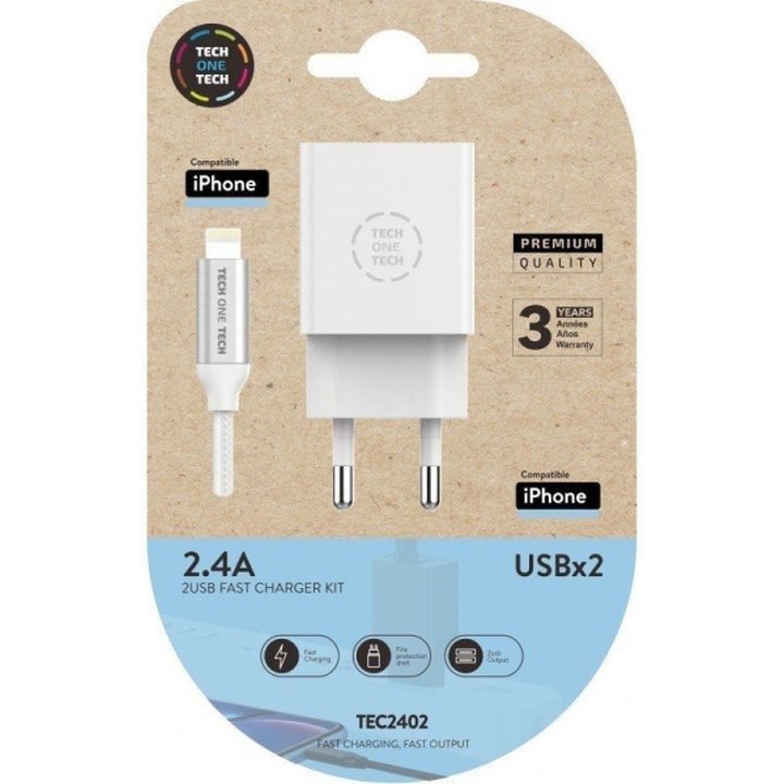 Cargador de Pared TECH ONE TECH - 12W GaN · Cable Lightning · 2xUSB · Blanco | CasadelaTinta