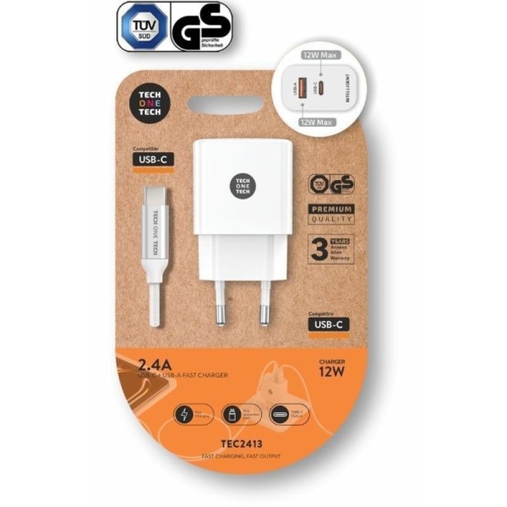 Cargador de Pared TECH ONE TECH - 12W GaN · USB Tipo C · USB · Cable USB Tipo C · | CasadelaTinta